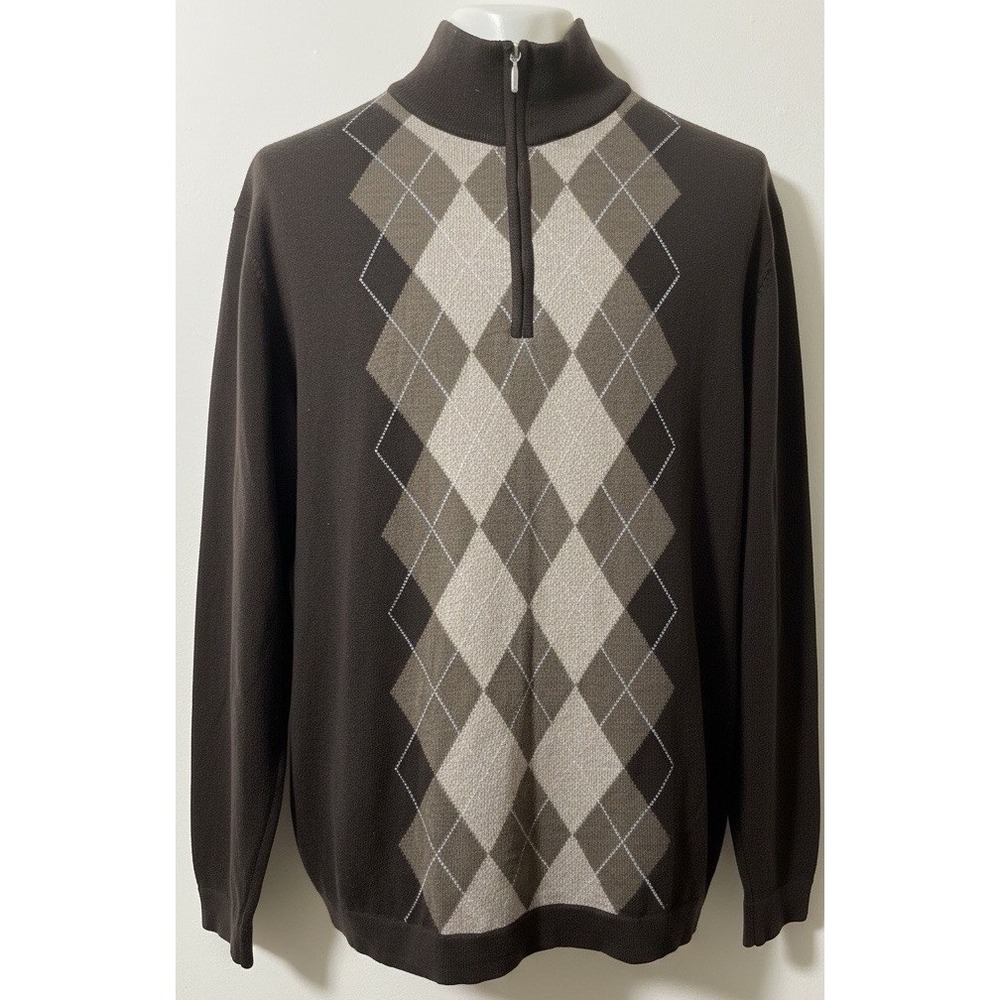 Marco Fiori Sweater Mens L Brown Argyle Merino Wool 1/4 Zip Italy Grandpacore